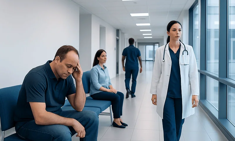 Patient waiting in hospital corridor with medical staff nearby.