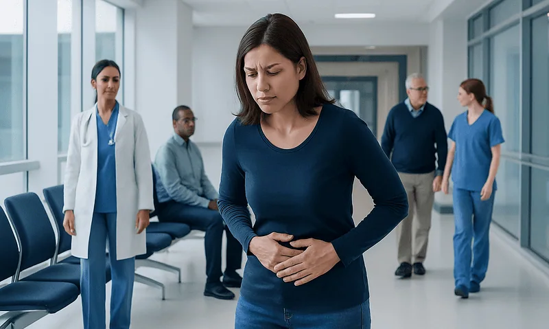 Woman experiencing lower abdominal pain in a hospital corridor.
