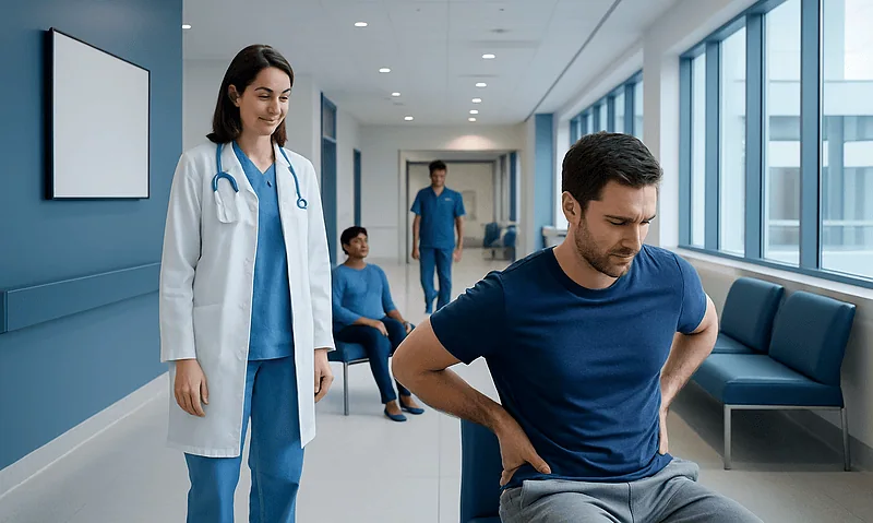 Patient experiencing lower back pain in a hospital corridor with medical staff nearby.