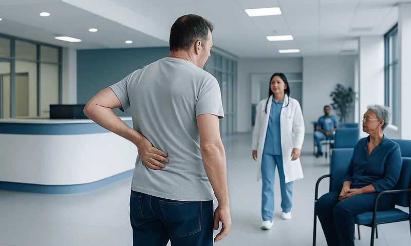 Patient experiencing lower back pain in a hospital waiting area.