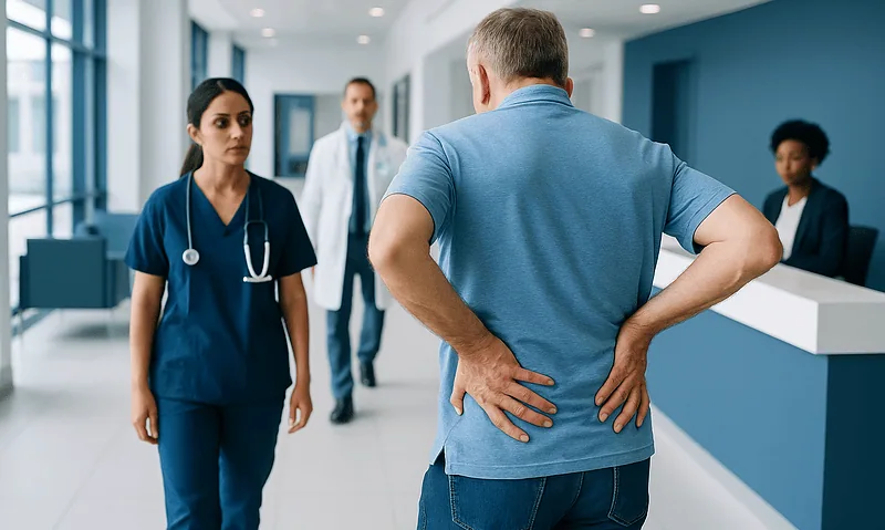Patient experiencing lower back pain in a hospital corridor with medical staff nearby.