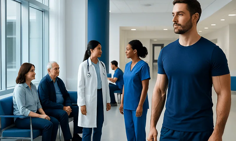 Man waiting in hospital corridor with medical staff and patients nearby.