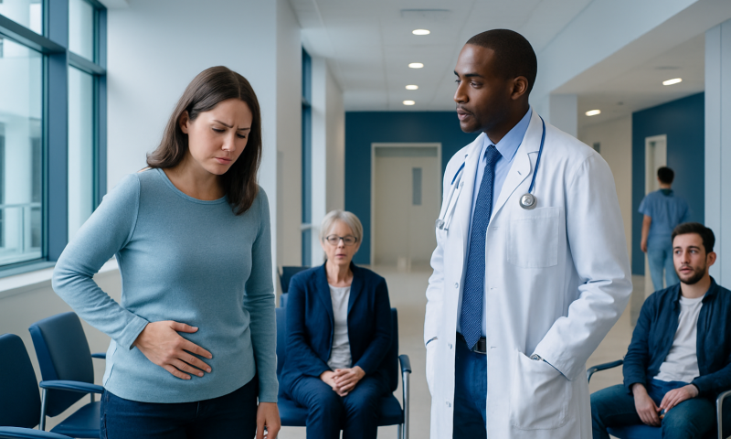 Woman experiencing abdominal pain during a medical consultation at a hospital.