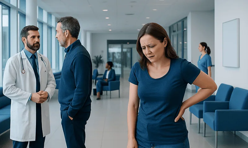 Woman experiencing lower left back pain in a hospital corridor.