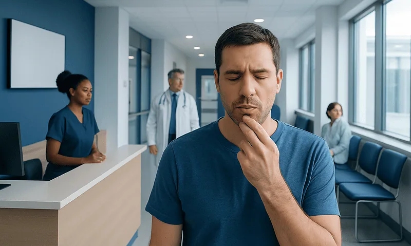 Man experiencing lower lip twitching in a hospital waiting area.