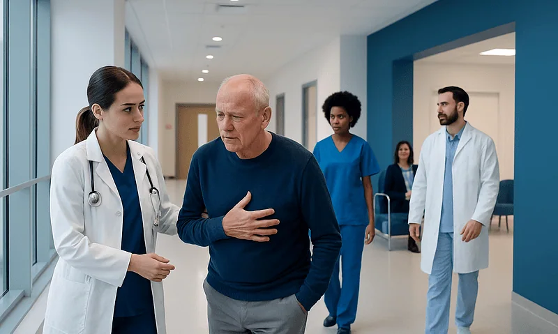 Patient consulting with a doctor in hospital corridor.