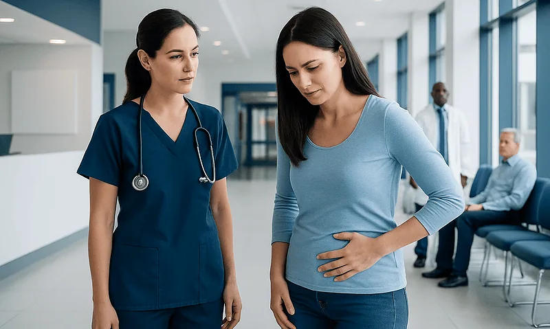 Female patient consulting with nurse about lower right abdomen pain in hospital corridor.