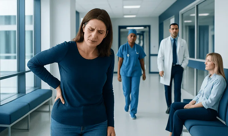 Woman with lower back pain in hospital corridor with medical staff.