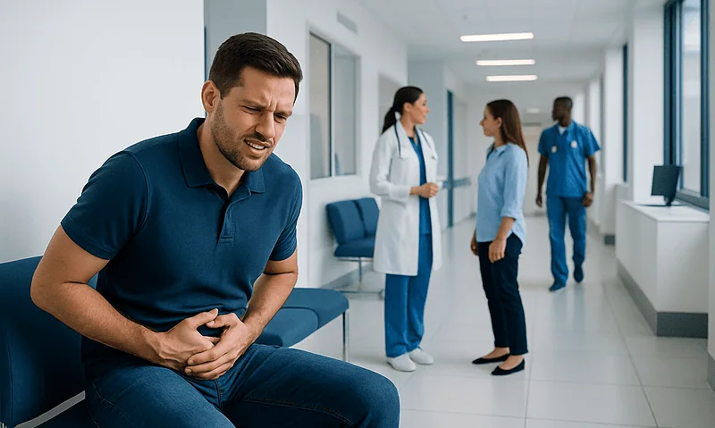 Man with lower stomach pain in a hospital corridor.
