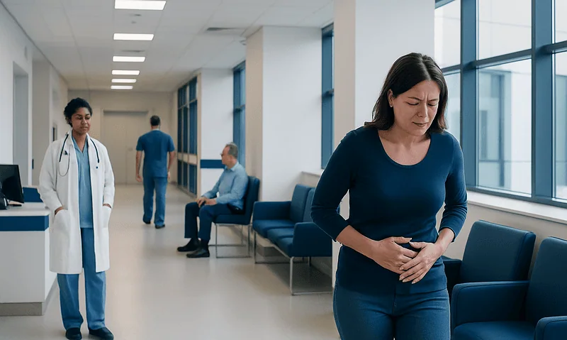 Woman experiencing stomach pain in hospital corridor with medical staff nearby.
