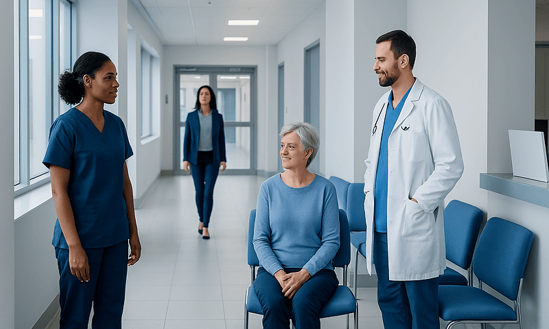 Healthcare professionals consulting with elderly patient in hospital corridor.