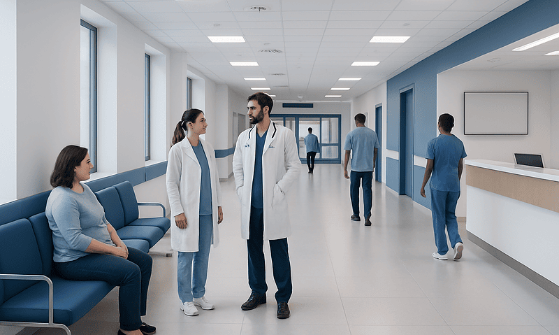 Healthcare professionals and patients in a modern hospital corridor.