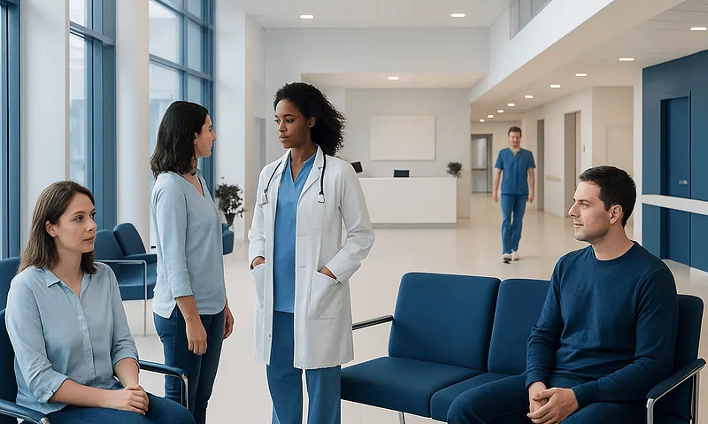 Medical professionals consulting in a modern hospital lobby.
