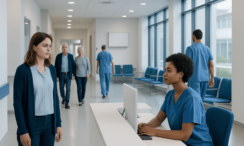 Hospital reception area with staff and patients in blue uniforms.