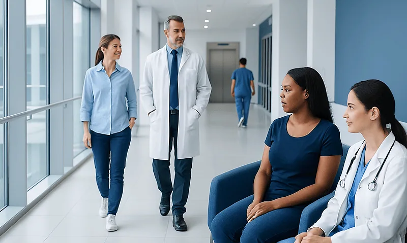 Medical professionals and patients in a hospital corridor at Acibadem Hospitals Group.