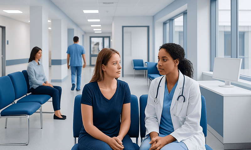 Doctor consulting a patient in a modern hospital corridor.