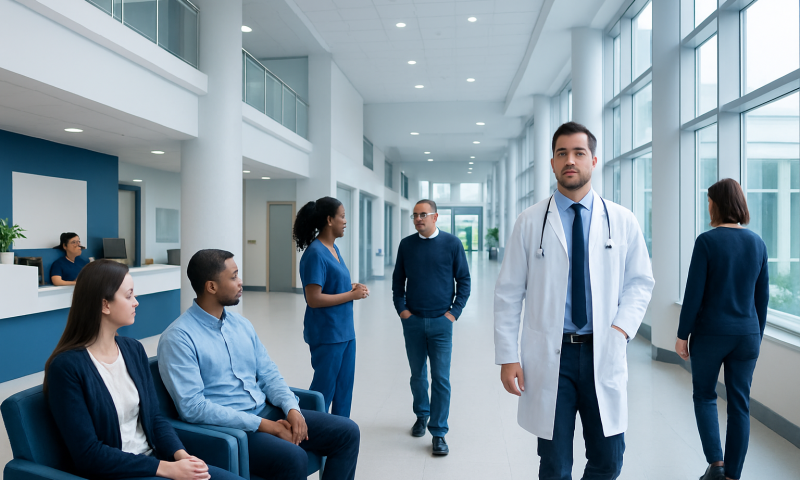 Modern hospital corridor with doctors and patients in a healthcare setting.