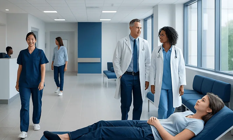 Medical team consulting patient in hospital corridor at Acibadem Hospitals Group.