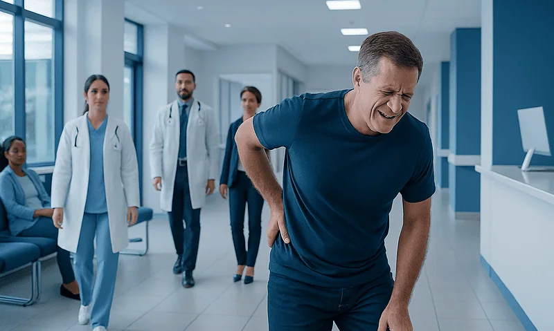Man experiencing back pain in hospital corridor with medical staff nearby.