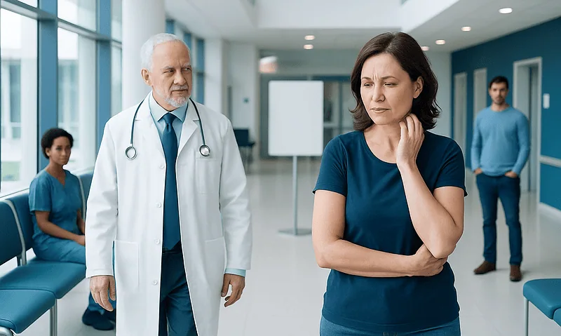 Patient experiencing skin discomfort in a hospital corridor with medical staff nearby.