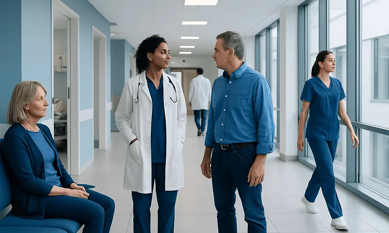 Healthcare professionals and patient in hospital corridor at Acibadem Hospitals Group.