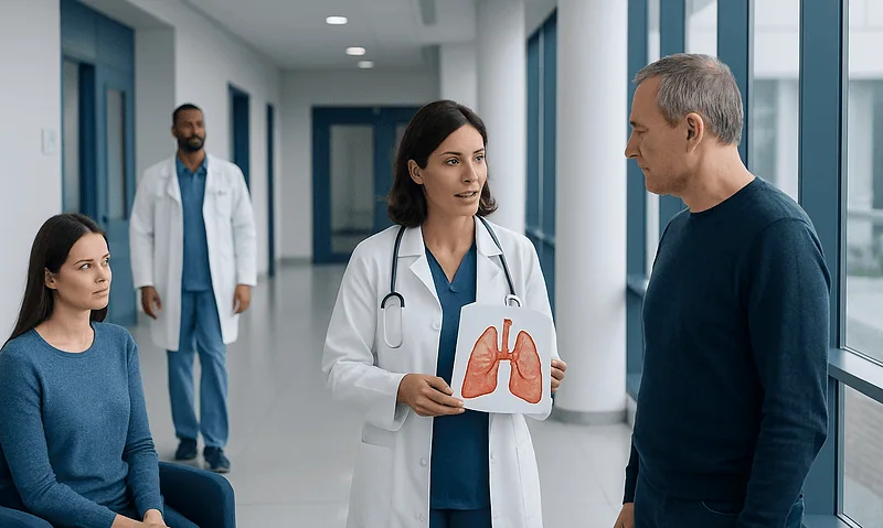 Doctor explaining lung health to patient in hospital corridor.
