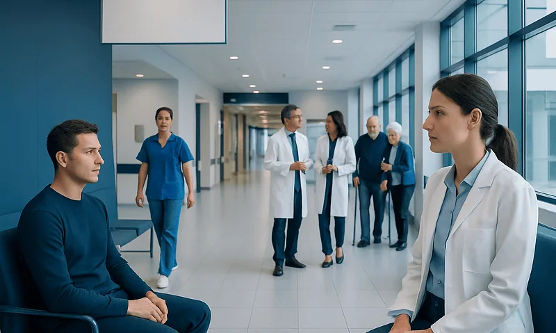 Medical team consulting in hospital corridor with patient and staff.