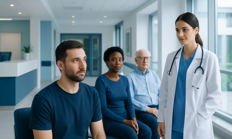 Doctor consulting with diverse patients in hospital corridor.