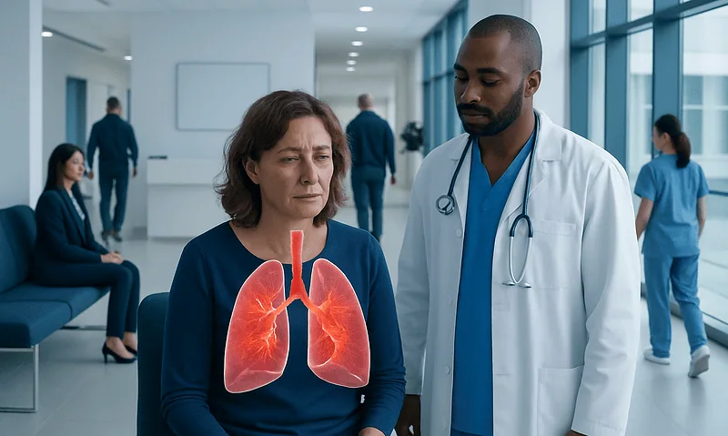 Doctor explaining lung health to a patient in a hospital setting.