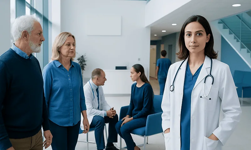 Healthcare professionals and patients in a hospital waiting area.