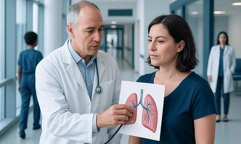 Doctor explaining lung diagram to female patient in hospital corridor.