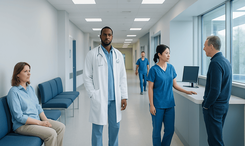Medical professionals and patient in a hospital corridor at Acibadem Hospitals Group.