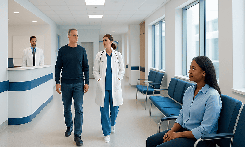 Medical professionals and patient in hospital corridor at Acibadem Hospitals Group.