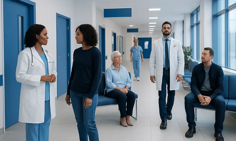 Medical team consulting with patient in hospital corridor at Acibadem Hospital.