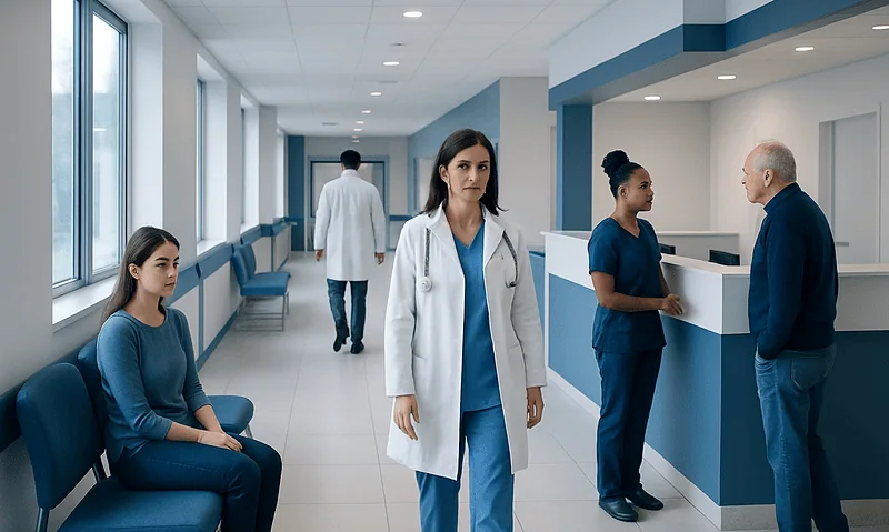 Healthcare professionals and patients in a modern hospital corridor.