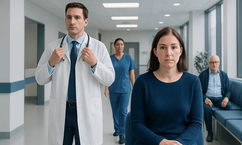 Doctor and patient in hospital corridor, healthcare setting.