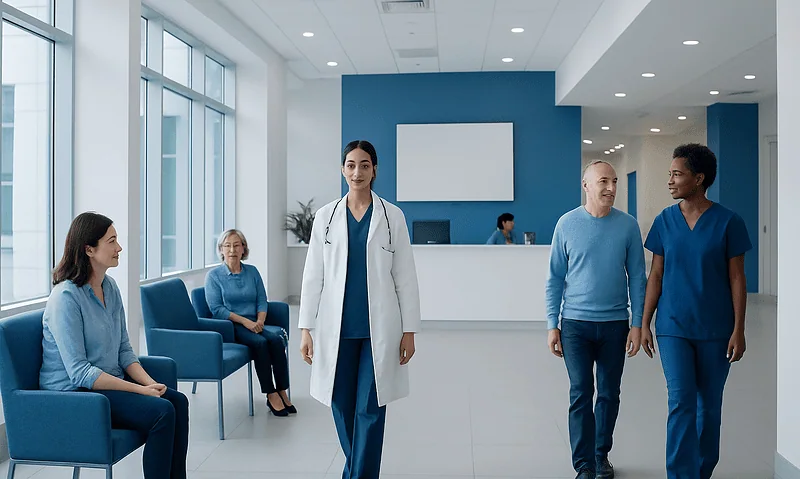 Healthcare professionals and patients in a modern hospital lobby.