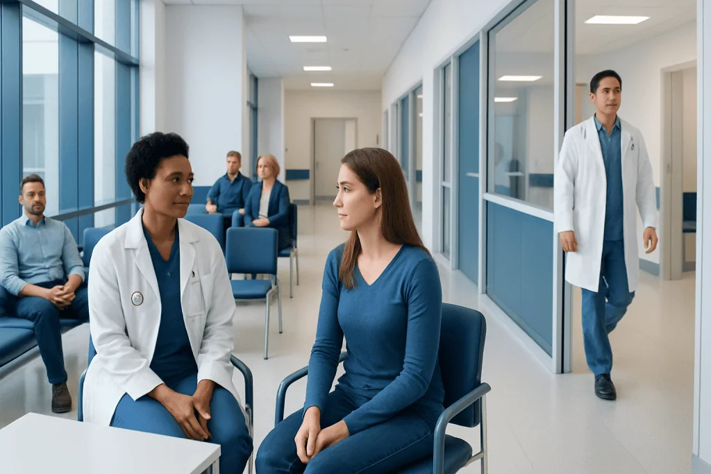 Luteinizing Hormone: What Patients Need to Know 1 Medical consultation in a hospital waiting area with healthcare professionals and patients.