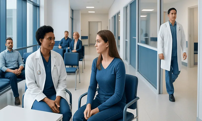 Medical consultation in a hospital waiting area with healthcare professionals and patients.