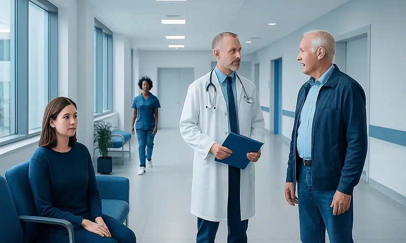 Doctor consulting with an elderly patient in hospital corridor.
