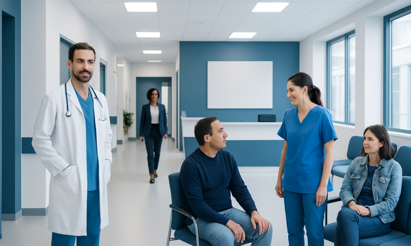 Medical consultation in a modern hospital with healthcare professionals and patients.