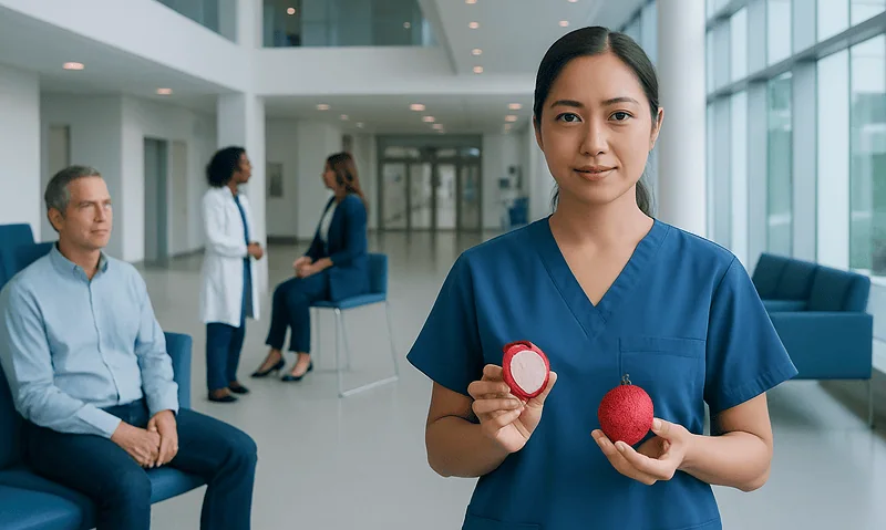 Nurse holding a red apple and a small container in a hospital lobby.