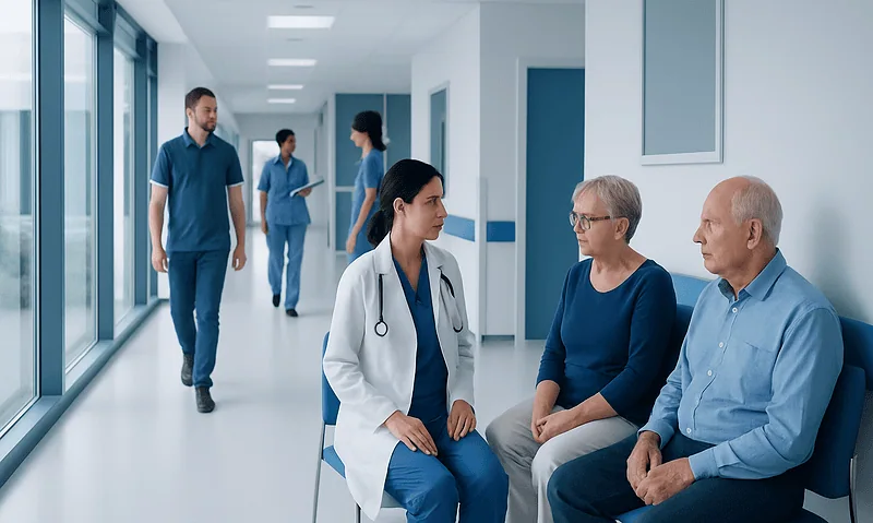 Healthcare professionals consulting with elderly patients in hospital corridor.
