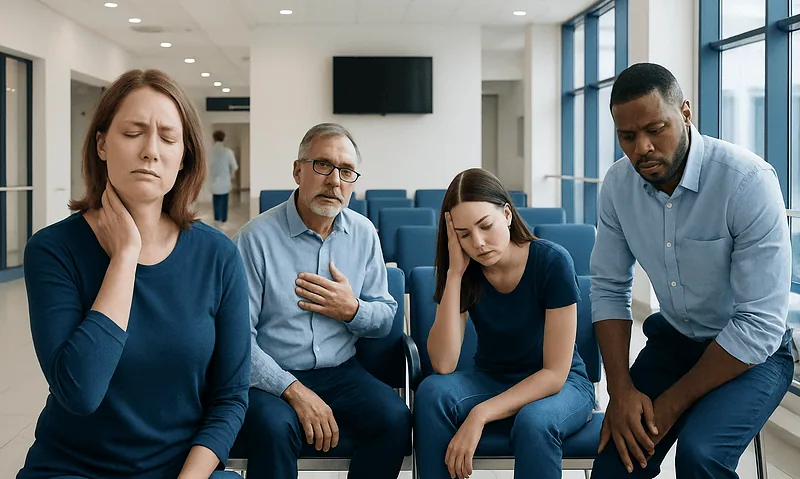 Patients experiencing discomfort in a hospital waiting area.