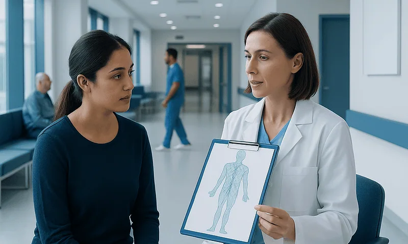 Doctor explaining lymph nodes to a patient in a hospital corridor.