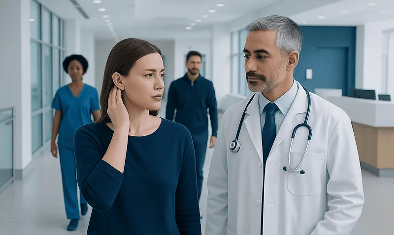 Doctor consulting a patient in a hospital corridor with medical staff in background.
