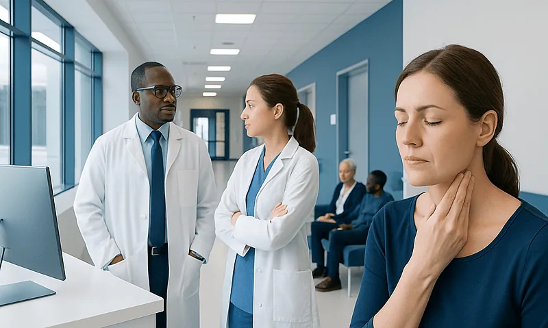 Patient experiencing neck pain in a hospital corridor with medical staff nearby.
