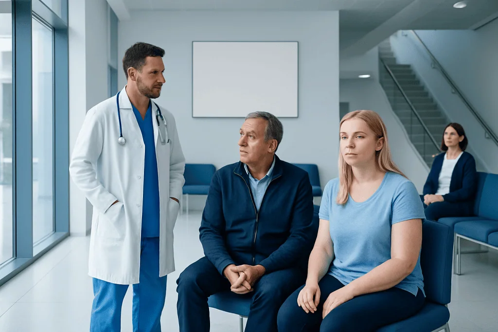 Lymphedema: What Patients Need to Know 1 Doctor consulting with patient and companion in hospital lobby.