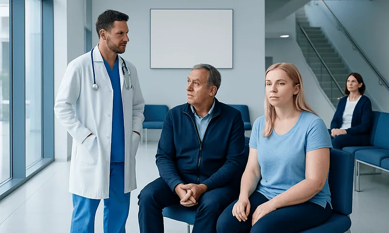 Doctor consulting with patient and companion in hospital lobby.