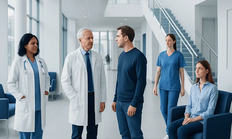 Lymphocytes: A Complete Medical Guide — Function, Normal Levels, and Health Implications 2 Medical team consulting with patient in hospital lobby.